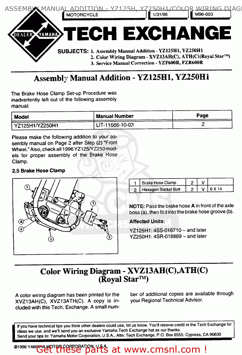 Yamaha Xj600s Xj600sc Seca Ii 1998 W Usa California Assembly Manual Addition Yz125h Yz250h1 Color Wiring Diagram Buy Original Assembly Manual Addition Yz125h Yz250h1 Color Wiring Diagram Spares Online