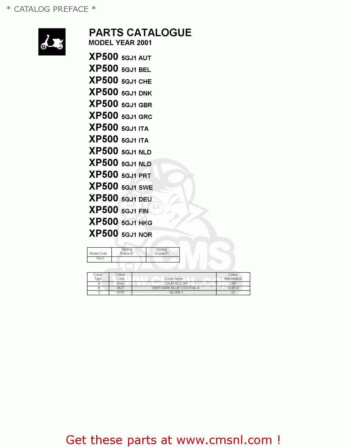 Yamaha XP500 2001 5GJ1 AUSTRIA 115GJ300E6 * CATALOG PREFACE * buy
