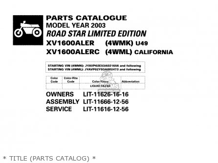 * TITLE (PARTS CATALOG) * - XV1600ALE XV1600ALEC ROAD STAR LTD EDITION 2003 (3) USA CALIFORN