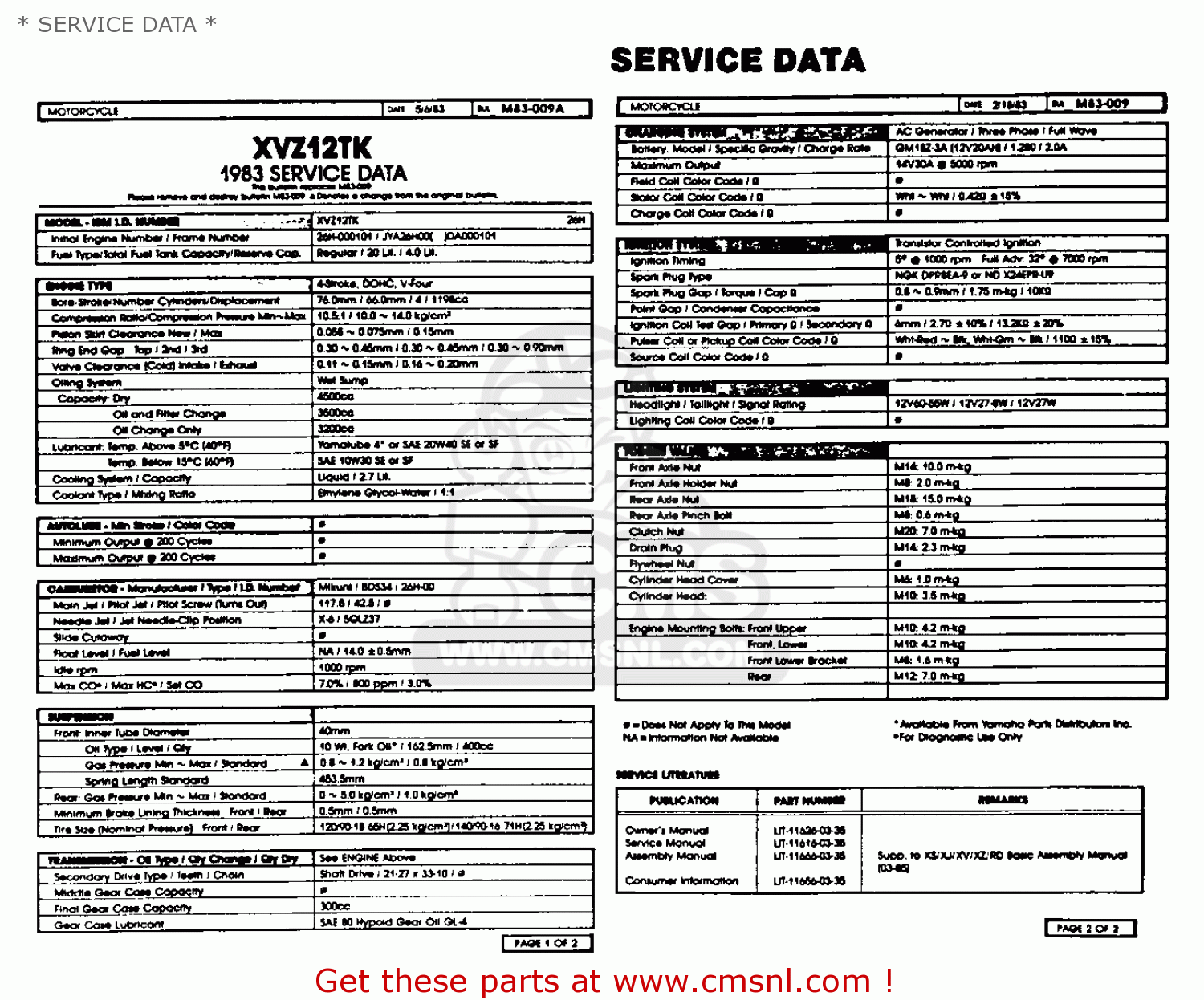 Yamaha XVZ12T VENTURE ROYALE 1983 (D) USA * SERVICE DATA * buy