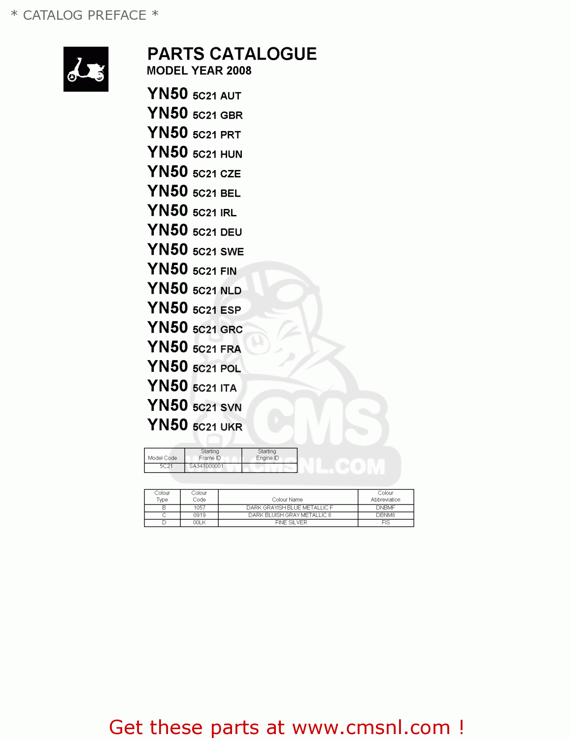 Yamaha YN50 2008 5C21 IRELAND 1F5C2300E1 * CATALOG PREFACE * buy