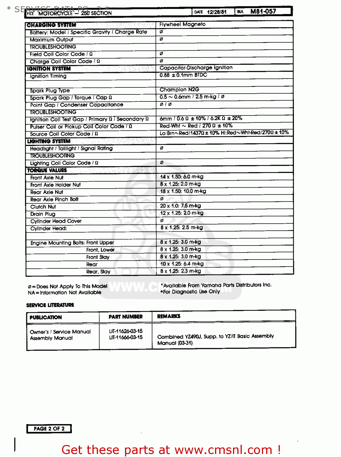 Yamaha YZ250 COMPETITION 1982 (C) USA * SERVICE DATA PG. 1 * - buy ...