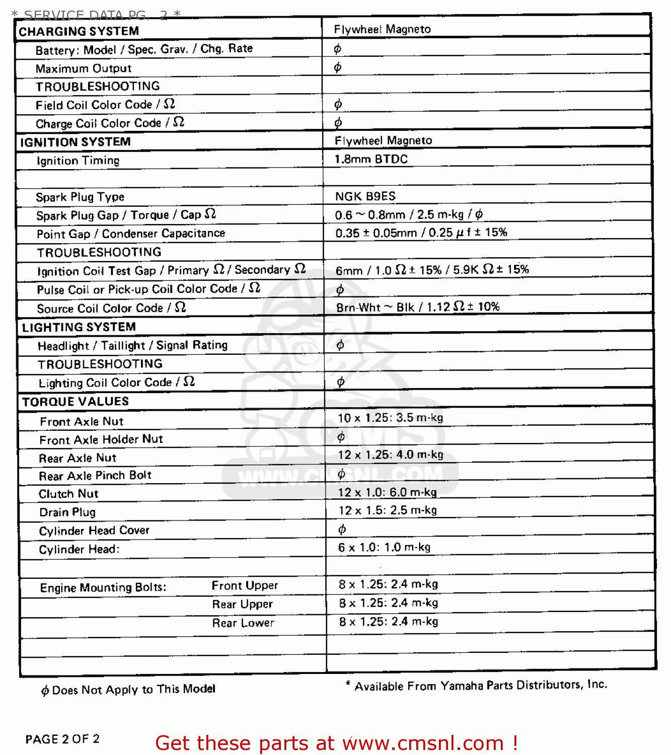 Yamaha YZ50 1980 (A) USA * SERVICE DATA PG. 2 * - buy original ...