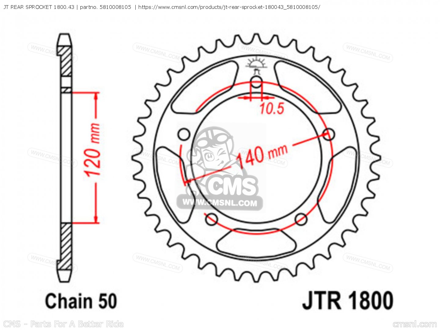JT REAR SPROCKET 1800.43 for GSX1300R HAYABUSA 2009 (K9) USA (E03