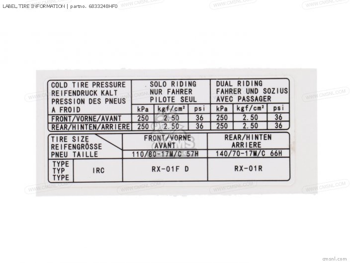 Suzuki LABEL,TIRE INFORMATION 6833248HF0 Suzuki LABEL,TIRE INFORMATION 6833248HF0