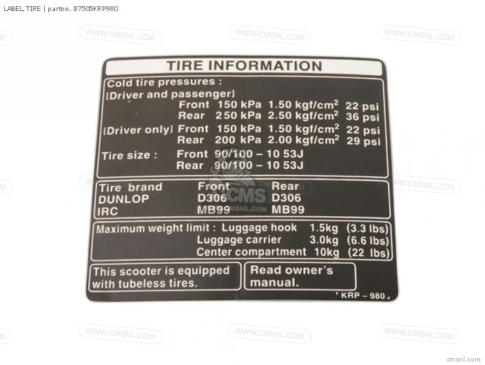 Honda LABEL,TIRE 87505KRP980 Honda LABEL,TIRE 87505KRP980