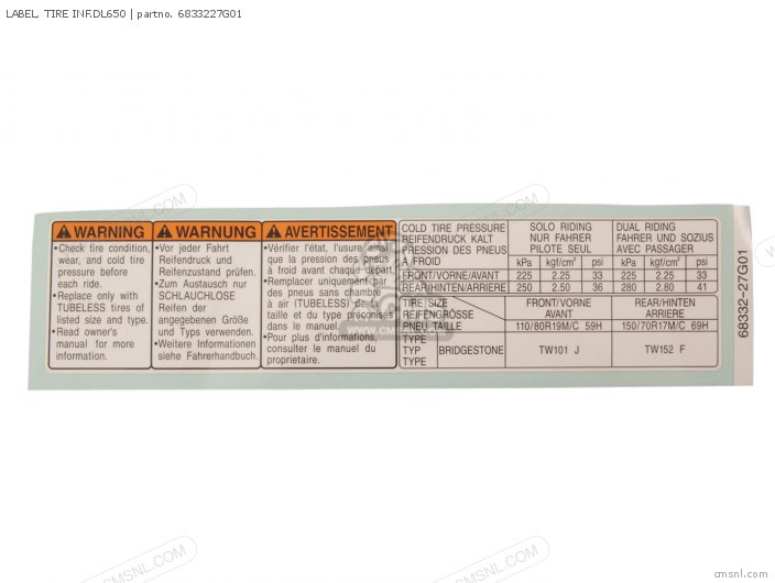 Suzuki LABEL, TIRE INF.DL650 6833227G01