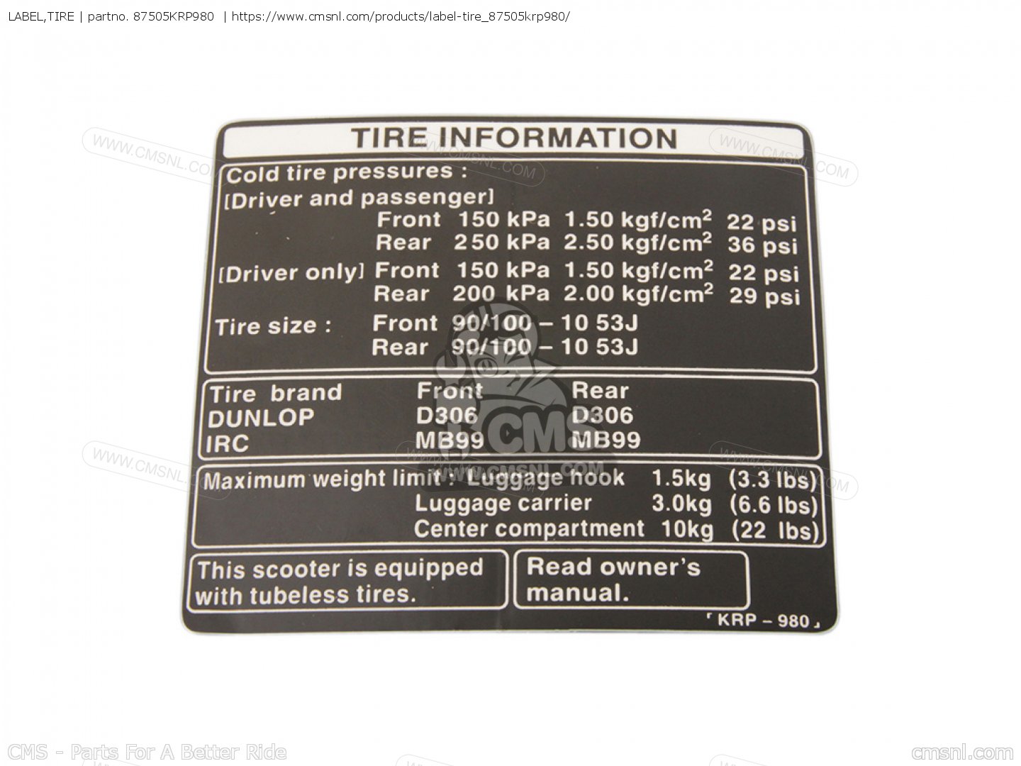 87505KRP980: Label,tire Honda - buy the 87505-KRP-980 at CMSNL 